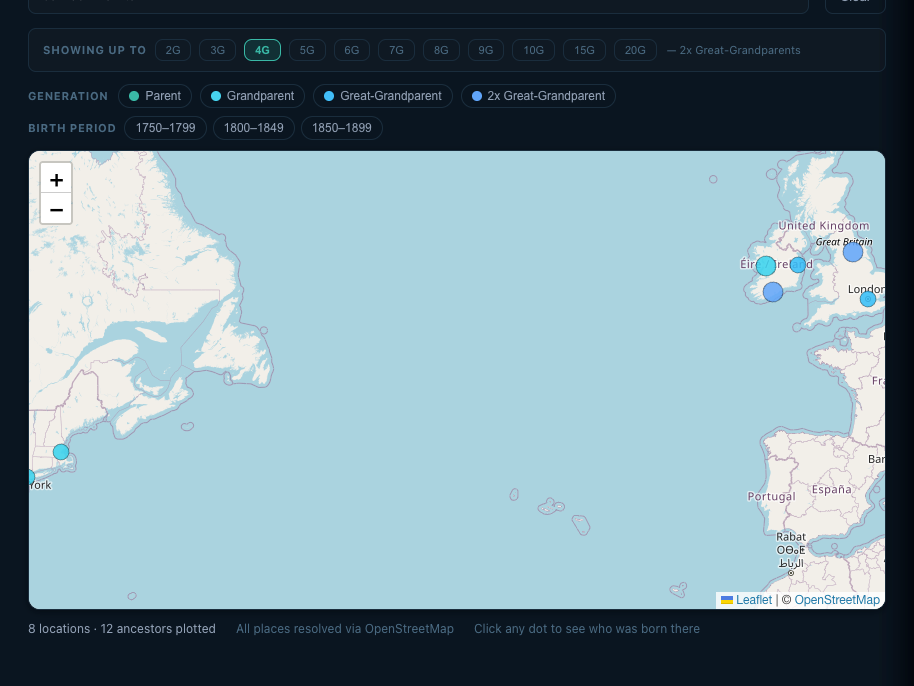 Ancestral map of ancestor birthplaces